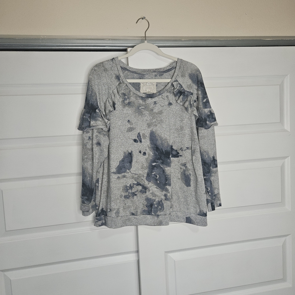 Cupio Tie Dye Ruffle Sleeve Sweatshirt Top Blue Gray 1X
